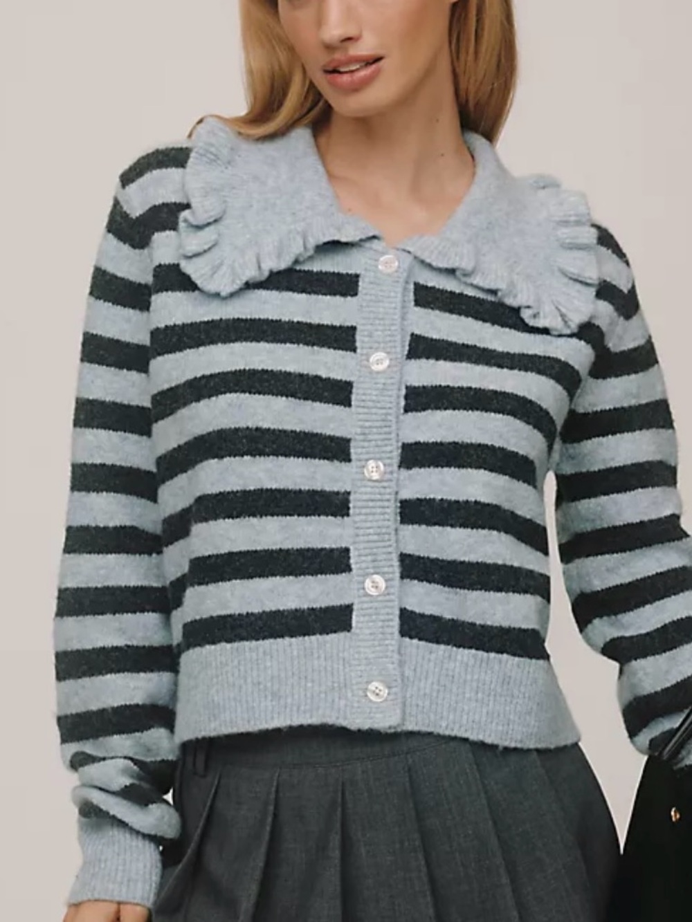 Anthropologie Maeve Ainsley Ruffle-Collar Cardigan Sweater Gray Blue size XL - Picture 2 of 13